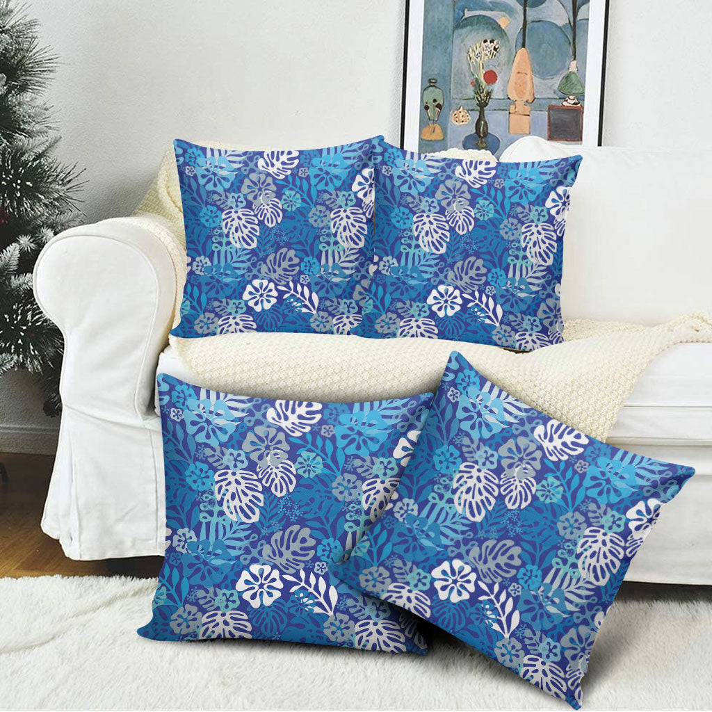 Blue Aloha Hawaiian Pillow Cover Monstera Hibiscus Tropical Pattern