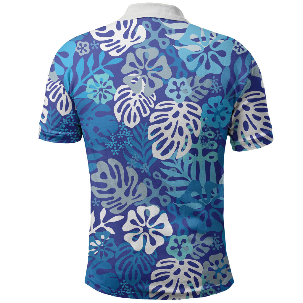 Blue Aloha Hawaiian Polo Shirt Monstera Hibiscus Tropical Pattern