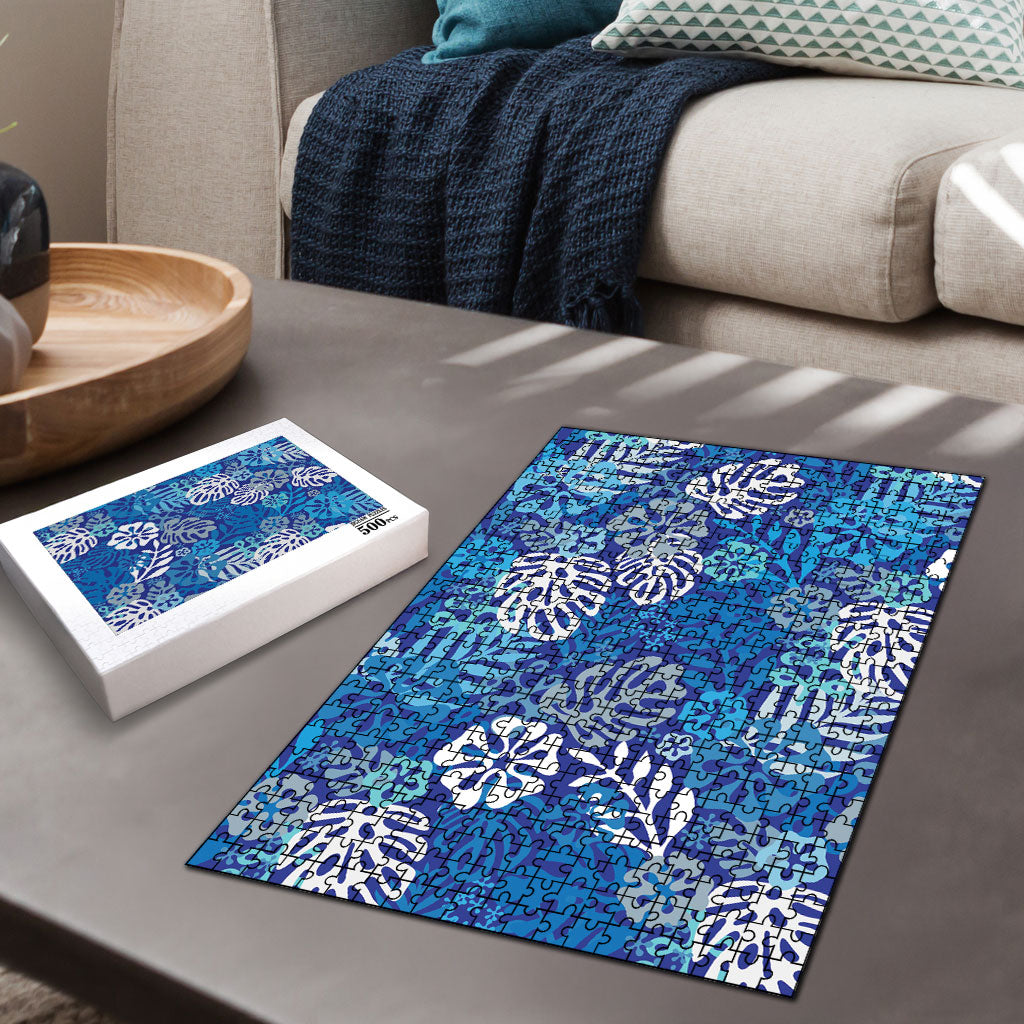 Blue Aloha Hawaiian Puzzle Monstera Hibiscus Tropical Pattern
