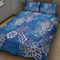 Blue Aloha Hawaiian Quilt Bed Set Monstera Hibiscus Tropical Pattern