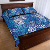 Blue Aloha Hawaiian Quilt Bed Set Monstera Hibiscus Tropical Pattern
