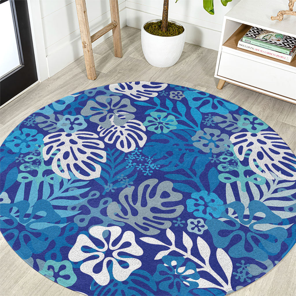 Blue Aloha Hawaiian Round Carpet Monstera Hibiscus Tropical Pattern LT19 Blue - Polynesian Pride