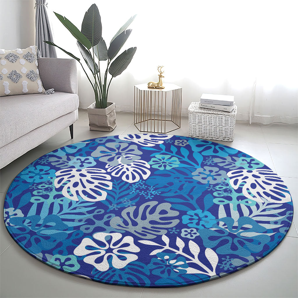 Blue Aloha Hawaiian Round Carpet Monstera Hibiscus Tropical Pattern