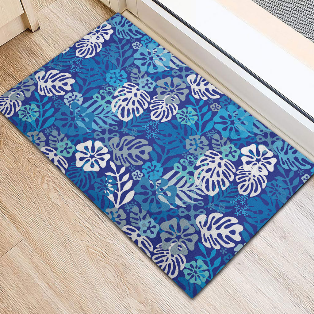 Blue Aloha Hawaiian Rubber Doormat Monstera Hibiscus Tropical Pattern