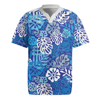 Blue Aloha Hawaiian Rugby Jersey Monstera Hibiscus Tropical Pattern