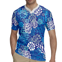 Blue Aloha Hawaiian Rugby Jersey Monstera Hibiscus Tropical Pattern