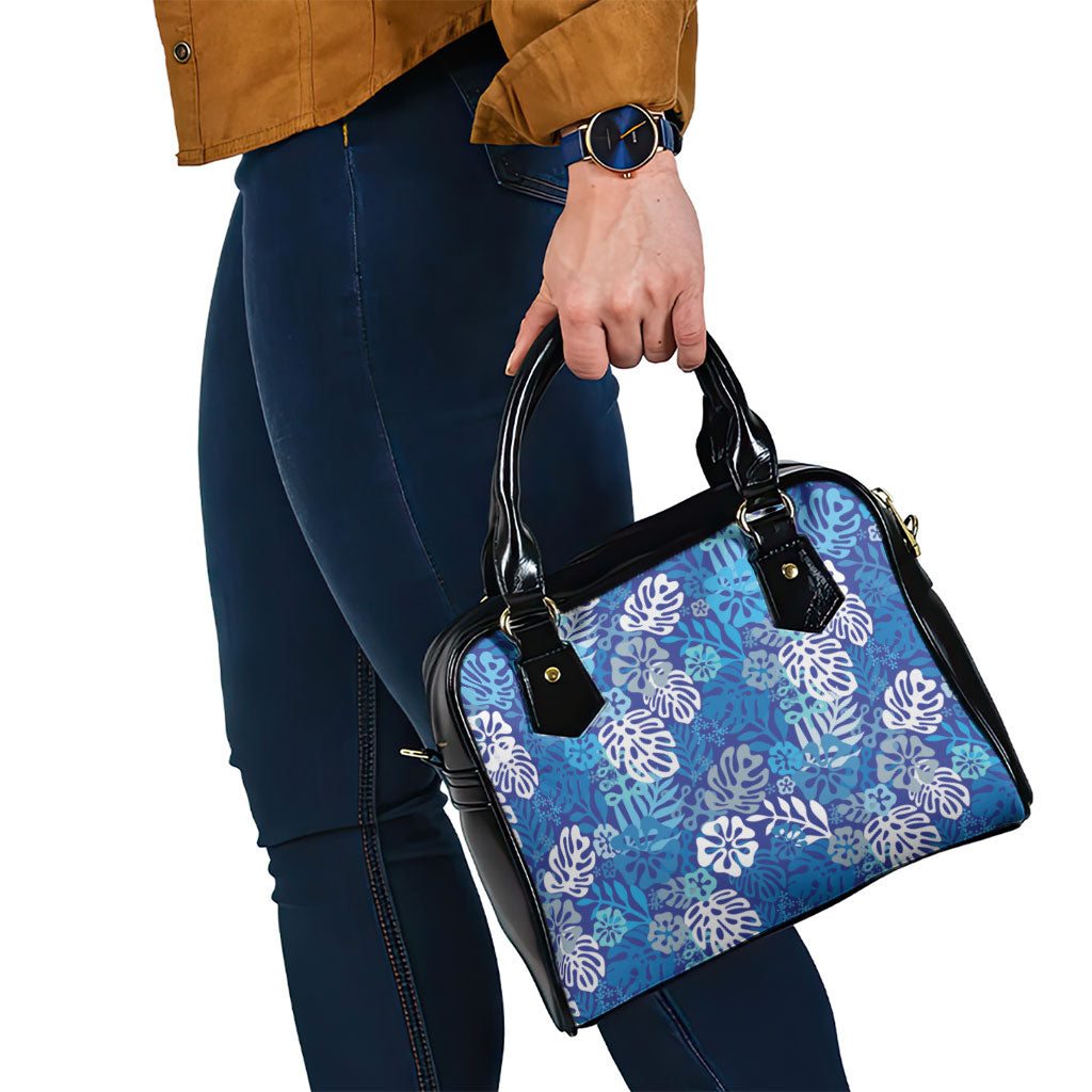 Blue Aloha Hawaiian Shoulder Handbag Monstera Hibiscus Tropical Pattern