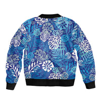 Blue Aloha Hawaiian Sleeve Zip Bomber Jacket Monstera Hibiscus Tropical Pattern