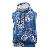 Blue Aloha Hawaiian Sleeveless Hoodie Monstera Hibiscus Tropical Pattern