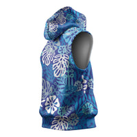 Blue Aloha Hawaiian Sleeveless Hoodie Monstera Hibiscus Tropical Pattern