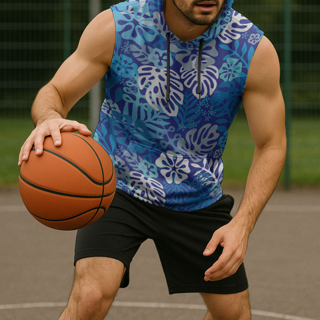 Blue Aloha Hawaiian Sleeveless Hoodie Monstera Hibiscus Tropical Pattern