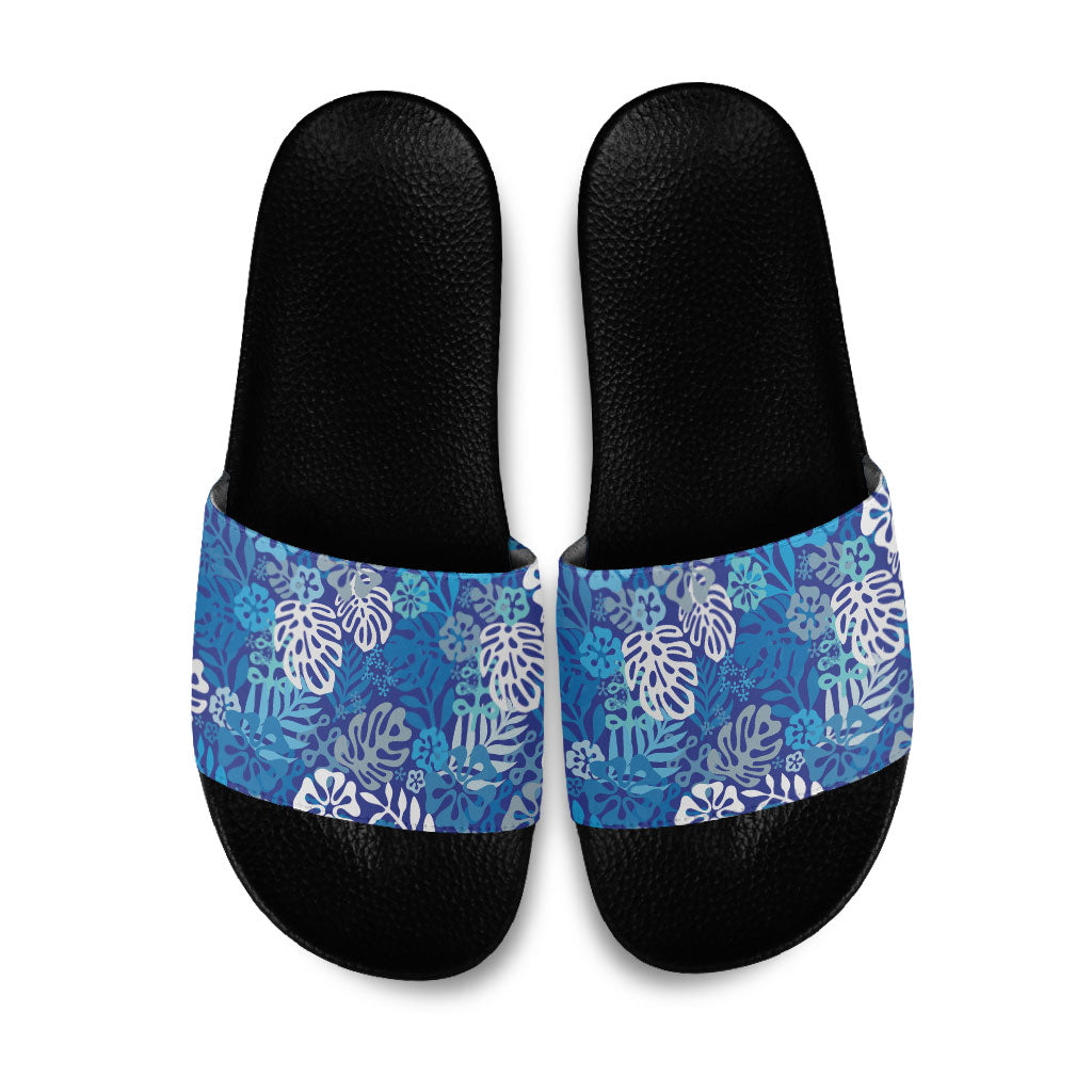 Blue Aloha Hawaiian Slide Sandals Monstera Hibiscus Tropical Pattern