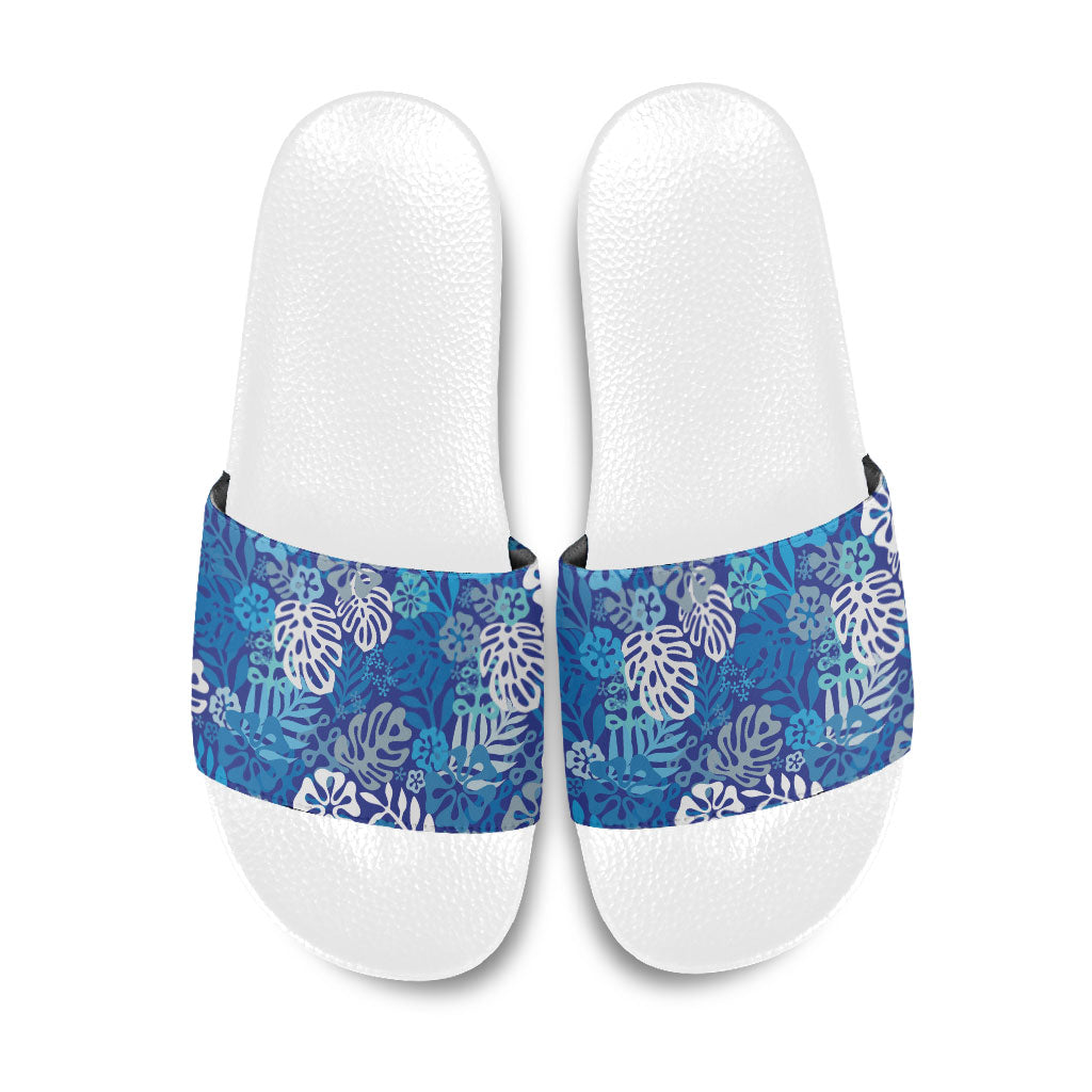 Blue Aloha Hawaiian Slide Sandals Monstera Hibiscus Tropical Pattern