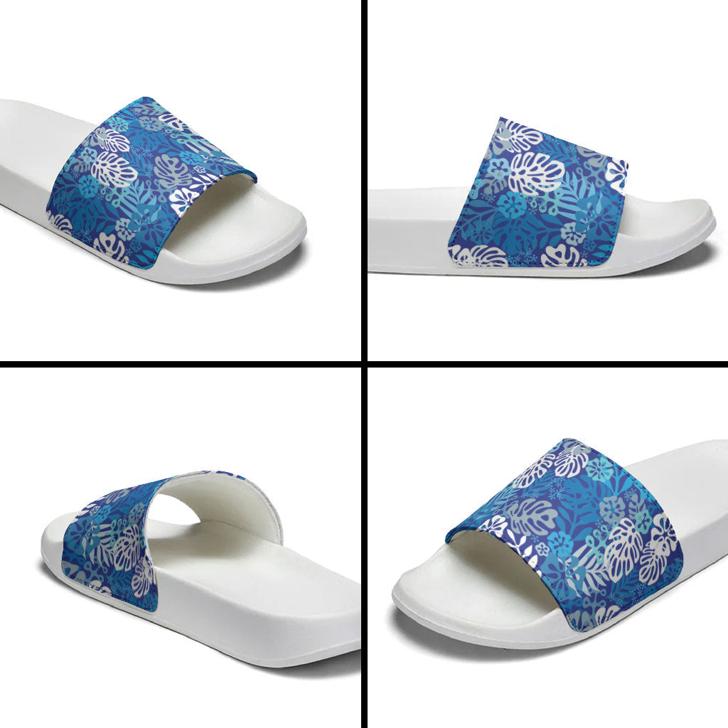 Blue Aloha Hawaiian Slide Sandals Monstera Hibiscus Tropical Pattern
