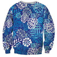 Blue Aloha Hawaiian Sweatshirt Monstera Hibiscus Tropical Pattern