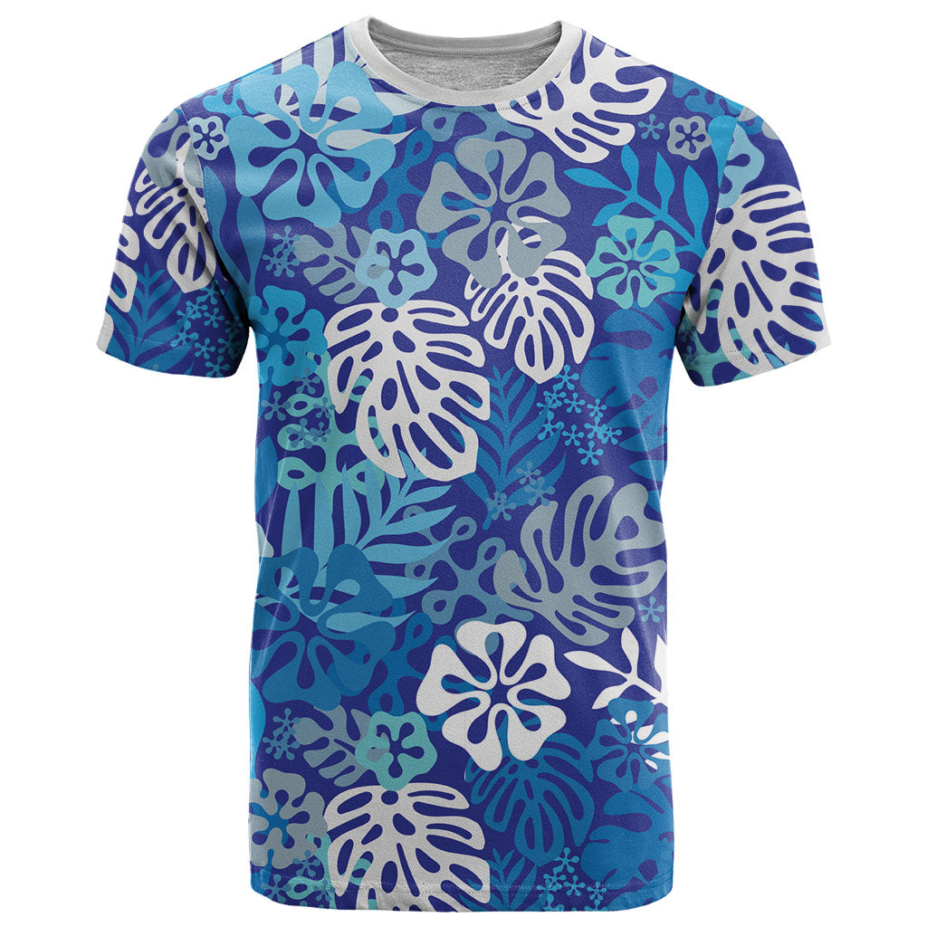 Blue Aloha Hawaiian T Shirt Monstera Hibiscus Tropical Pattern