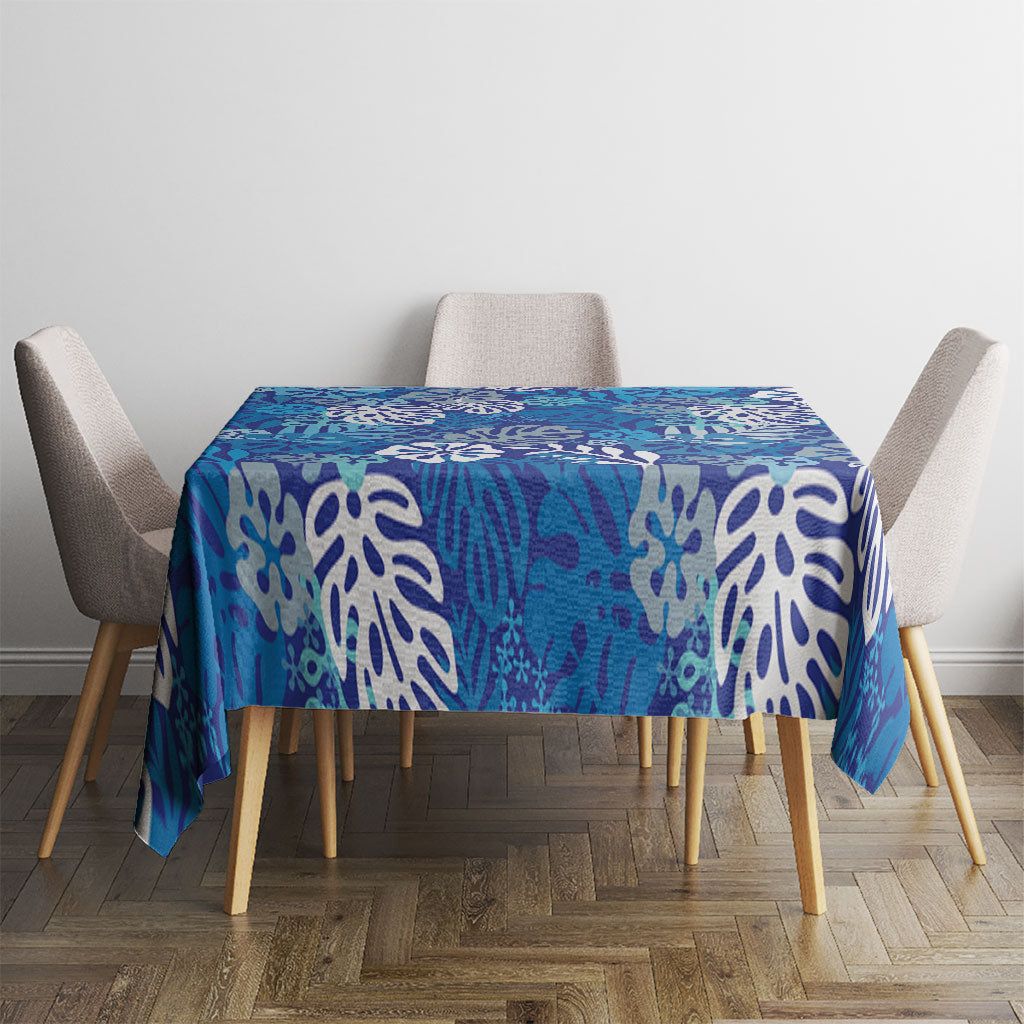 Blue Aloha Hawaiian Tablecloth Monstera Hibiscus Tropical Pattern
