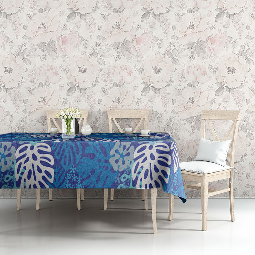 Blue Aloha Hawaiian Tablecloth Monstera Hibiscus Tropical Pattern