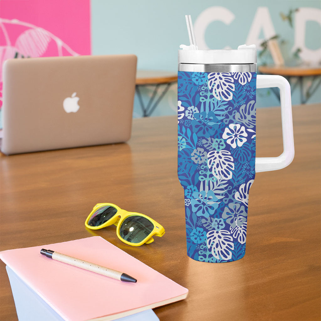 Blue Aloha Hawaiian Tumbler With Handle Monstera Hibiscus Tropical Pattern