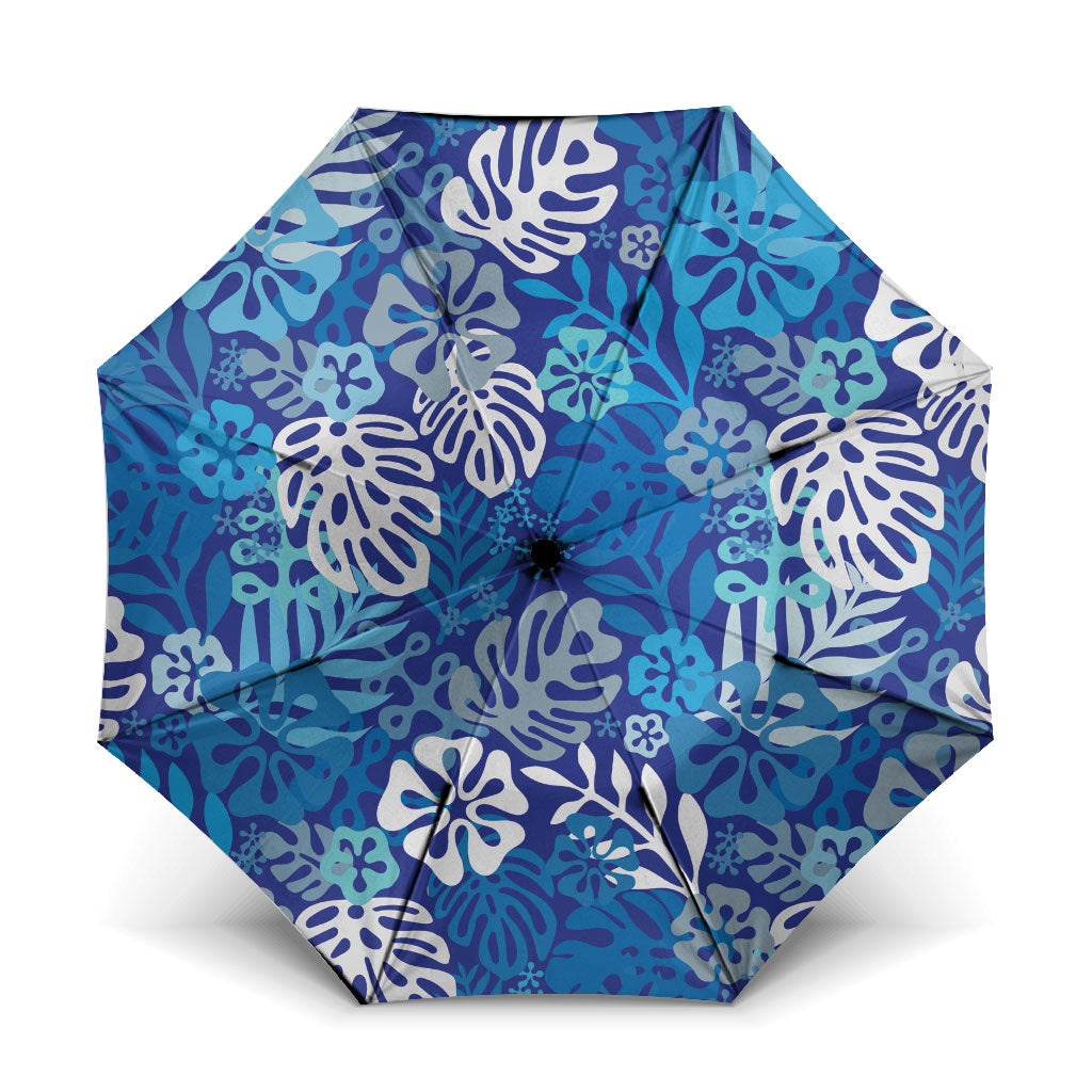 Blue Aloha Hawaiian Umbrella Monstera Hibiscus Tropical Pattern LT19 One Size Folded 11.42 inch Opened Diameter 37.4 inch Blue - Polynesian Pride