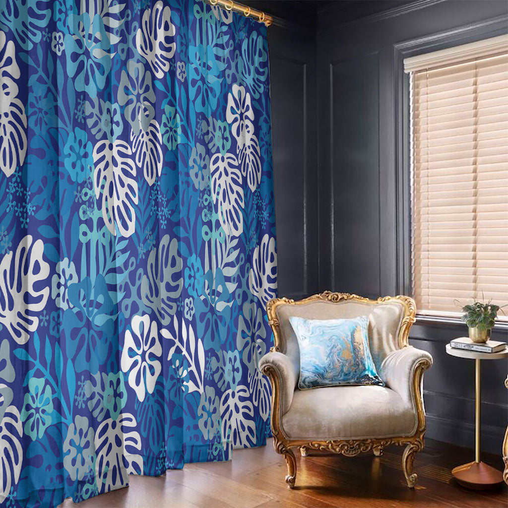 Blue Aloha Hawaiian Window Curtain Monstera Hibiscus Tropical Pattern