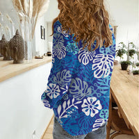 Blue Aloha Hawaiian Women Casual Shirt Monstera Hibiscus Tropical Pattern