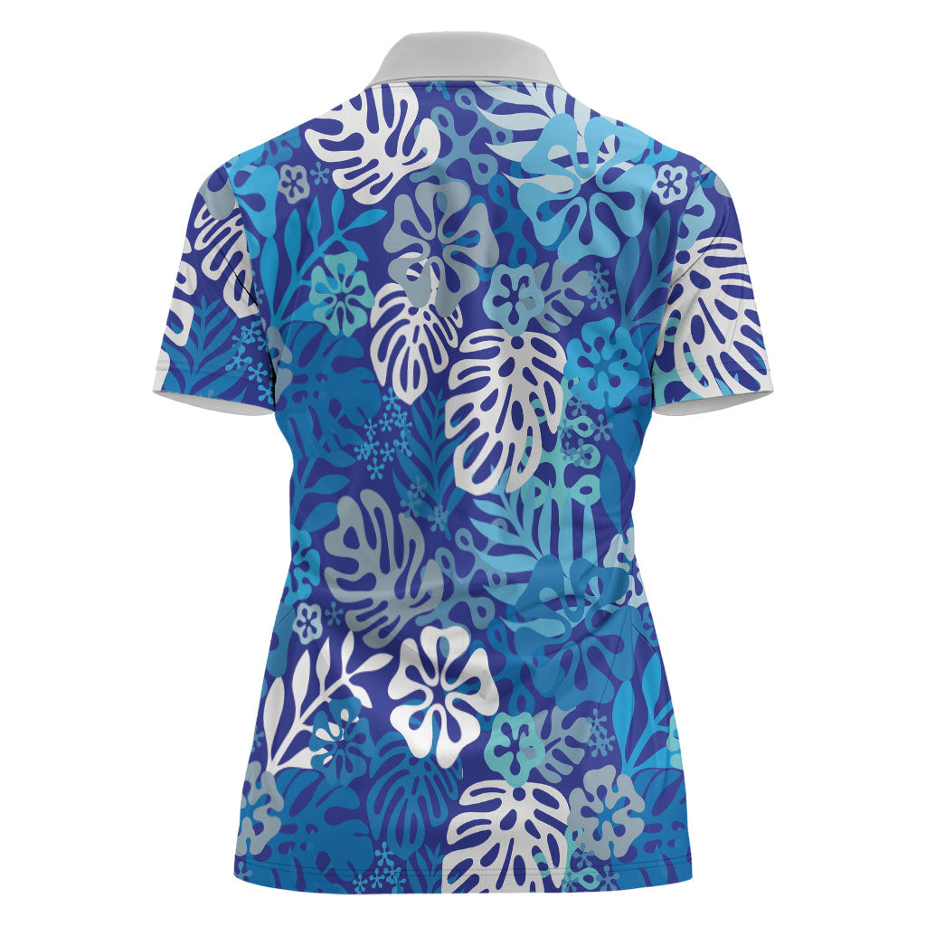 Blue Aloha Hawaiian Women Polo Shirt Monstera Hibiscus Tropical Pattern