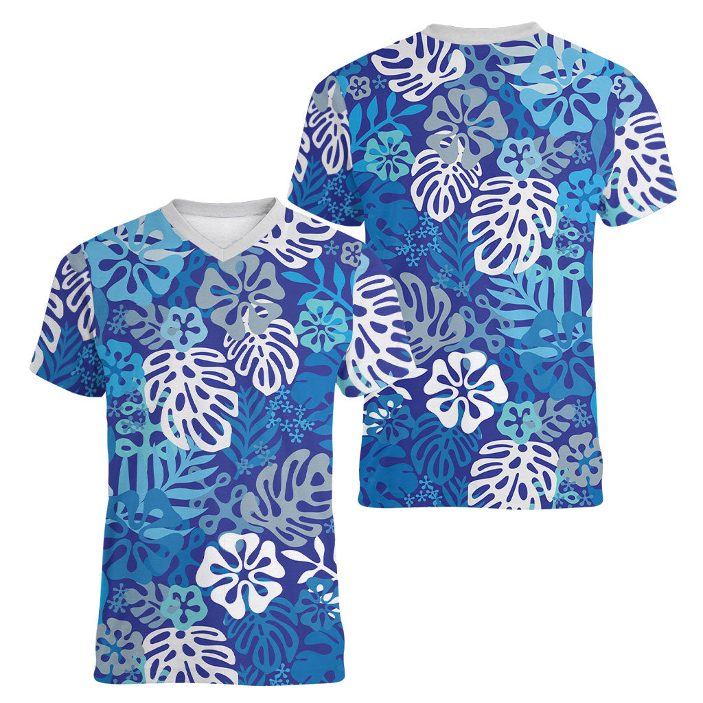 Blue Aloha Hawaiian Women V-Neck T-Shirt Monstera Hibiscus Tropical Pattern