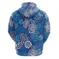 Blue Aloha Hawaiian Zip Hoodie Monstera Hibiscus Tropical Pattern