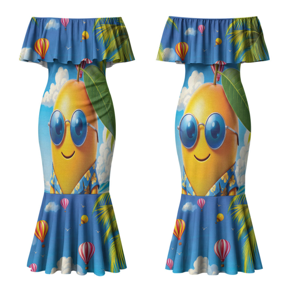 Funny Hawaii Mango Couples Matching Mermaid Dress and Long Sleeve Button Shirt Tropical Summer Beach Mascot Vacation
