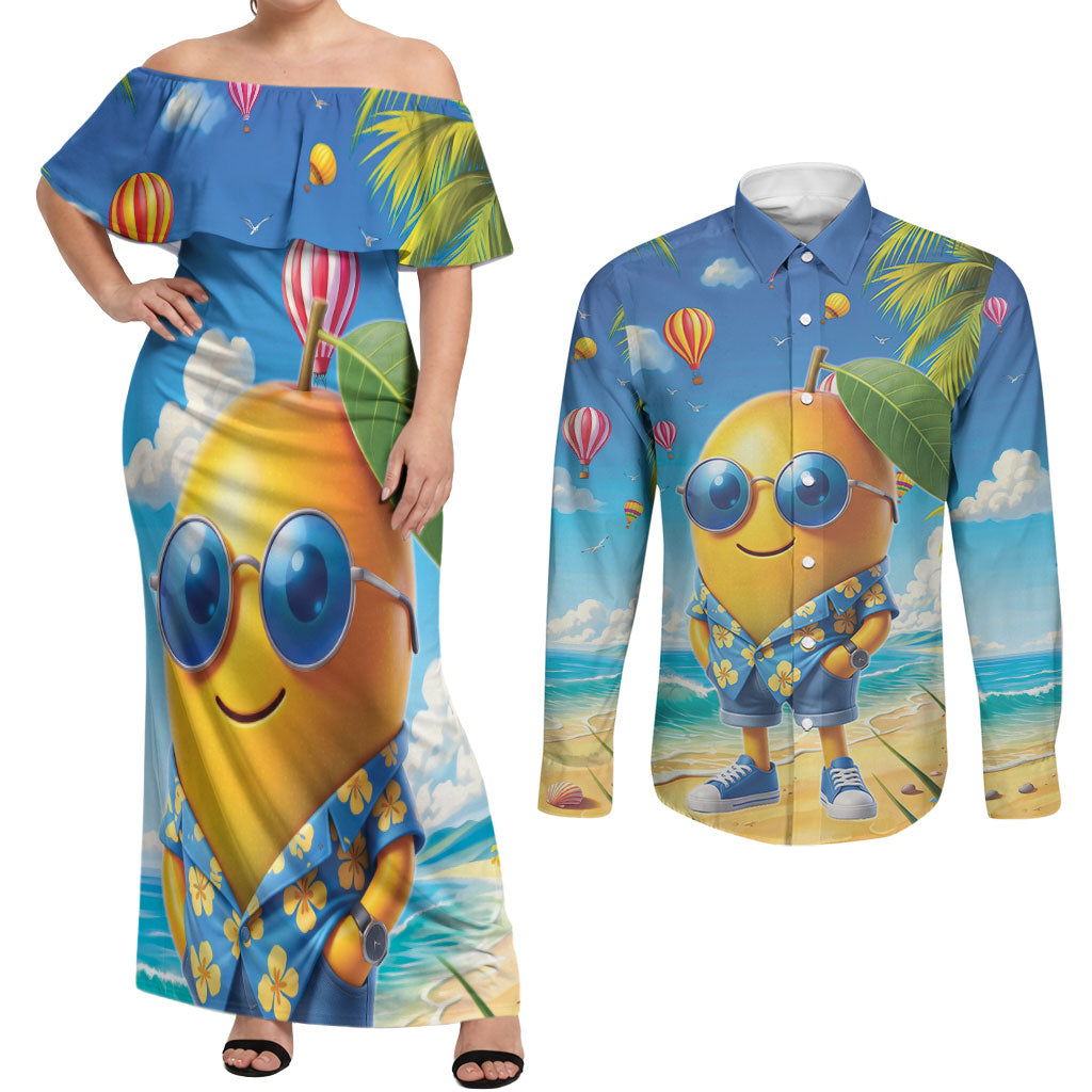 Funny Hawaii Mango Couples Matching Off Shoulder Maxi Dress and Long Sleeve Button Shirt Tropical Summer Beach Mascot Vacation LT19 Blue - Polynesian Pride