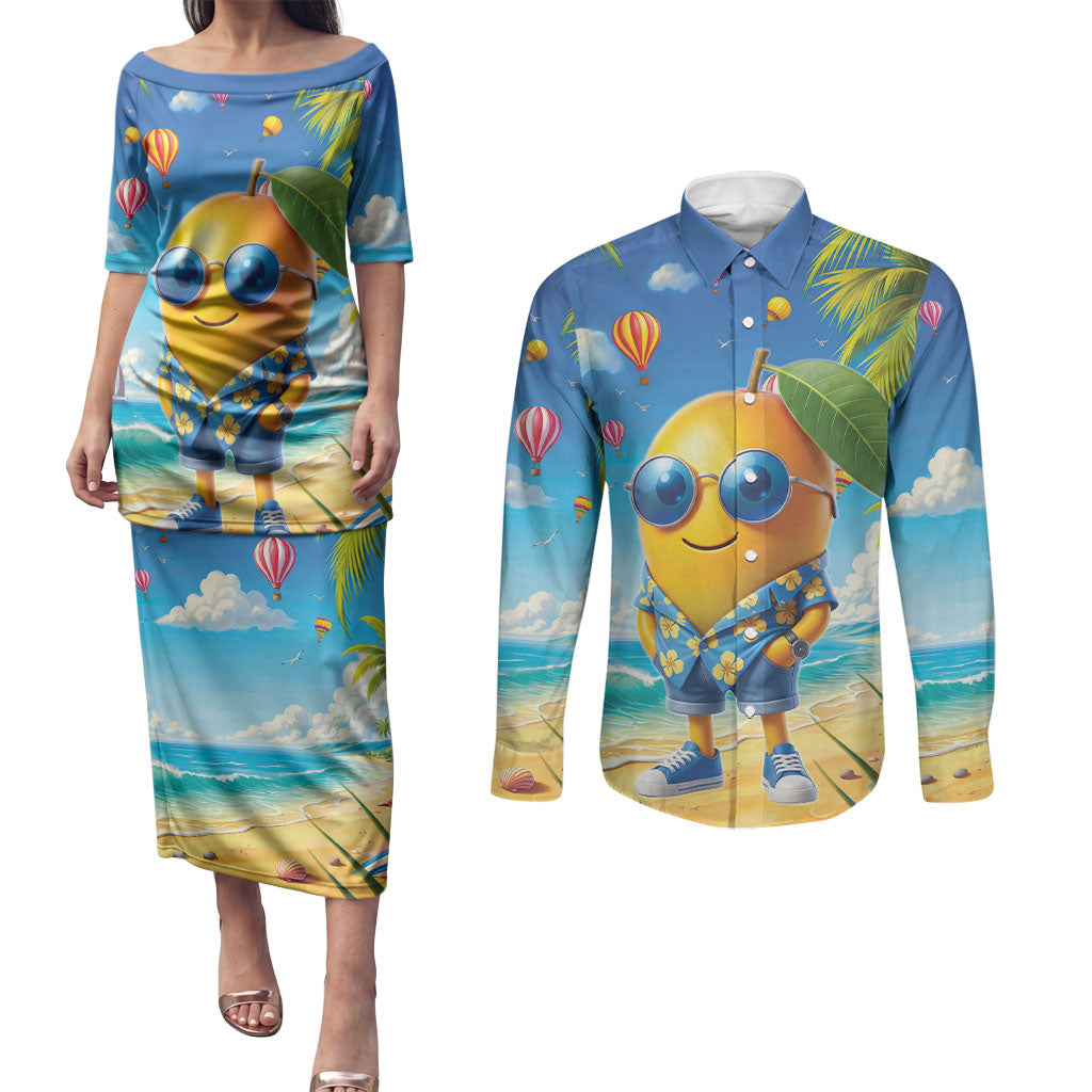 Funny Hawaii Mango Couples Matching Puletasi and Long Sleeve Button Shirt Tropical Summer Beach Mascot Vacation