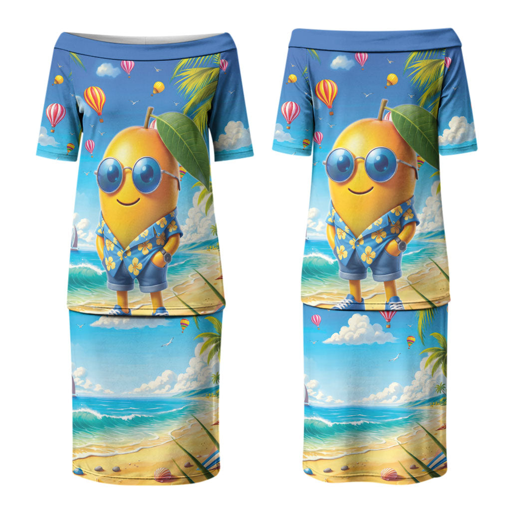 Funny Hawaii Mango Couples Matching Puletasi and Long Sleeve Button Shirt Tropical Summer Beach Mascot Vacation