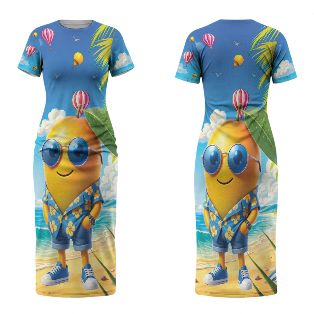 Funny Hawaii Mango Couples Matching Short Sleeve Bodycon Dress and Long Sleeve Button Shirt Tropical Summer Beach Mascot Vacation