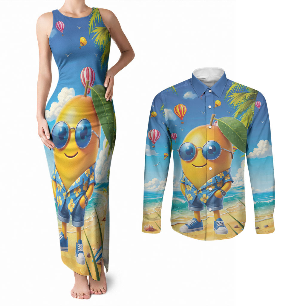 Funny Hawaii Mango Couples Matching Tank Maxi Dress and Long Sleeve Button Shirt Tropical Summer Beach Mascot Vacation