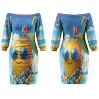 Funny Hawaii Mango Family Matching Off The Shoulder Long Sleeve Dress and Hawaiian Shirt Tropical Summer Beach Mascot Vacation