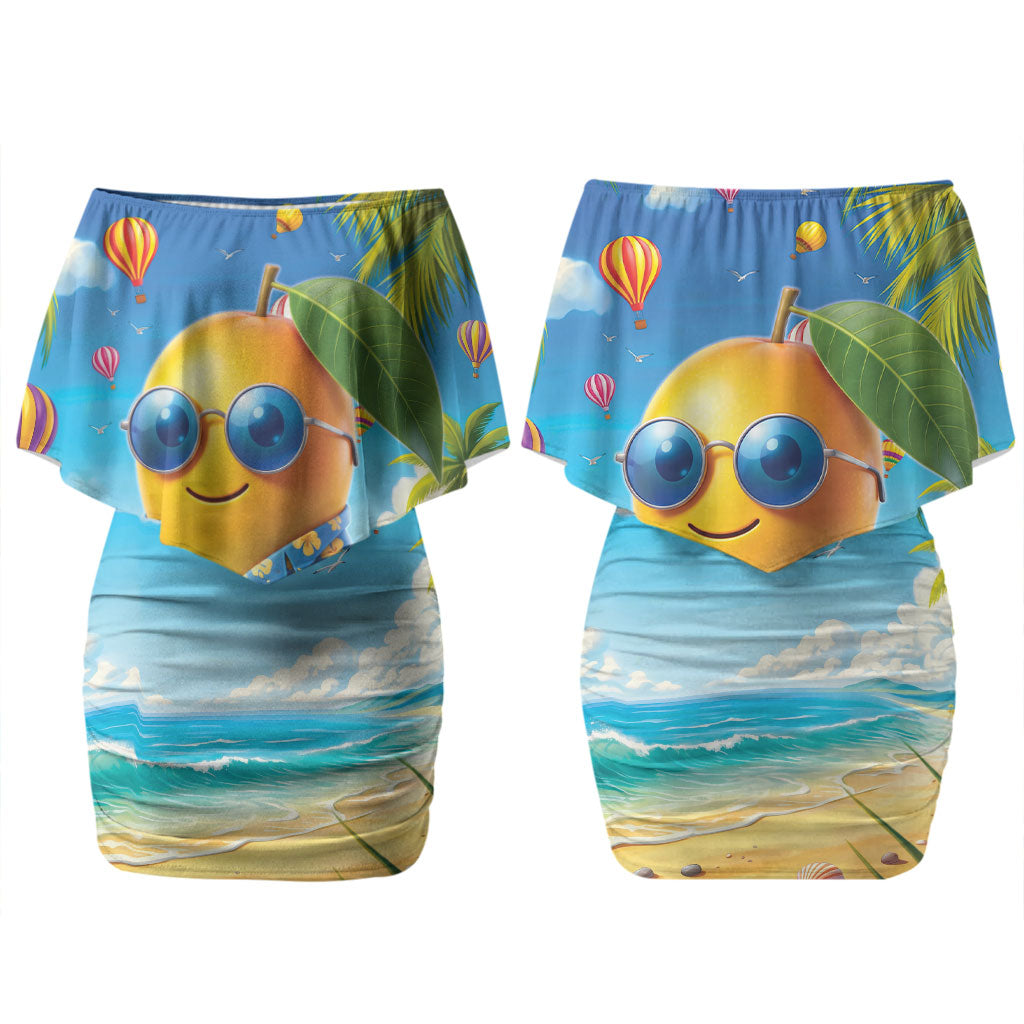 Funny Hawaii Mango Family Matching Off Shoulder Short Dress and Hawaiian Shirt Tropical Summer Beach Mascot Vacation