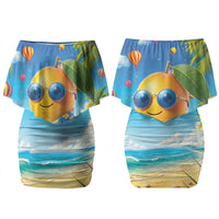 Funny Hawaii Mango Family Matching Off Shoulder Short Dress and Hawaiian Shirt Tropical Summer Beach Mascot Vacation