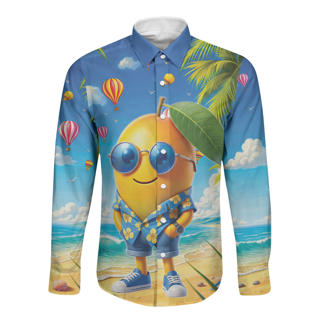 Funny Hawaii Mango Long Sleeve Button Shirt Tropical Summer Beach Mascot Vacation LT19 Unisex Blue - Polynesian Pride
