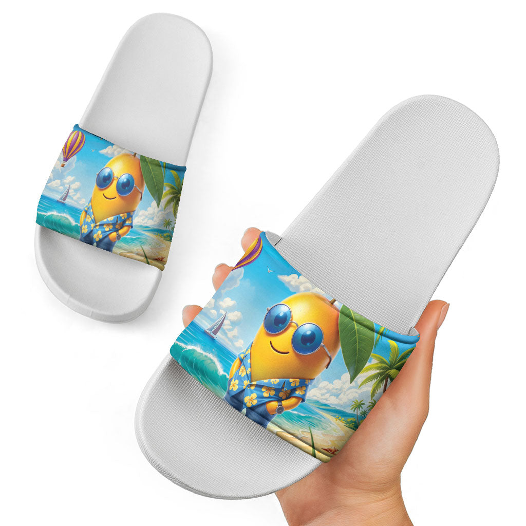 Funny Hawaii Mango Slide Sandals Tropical Summer Beach Mascot Vacation