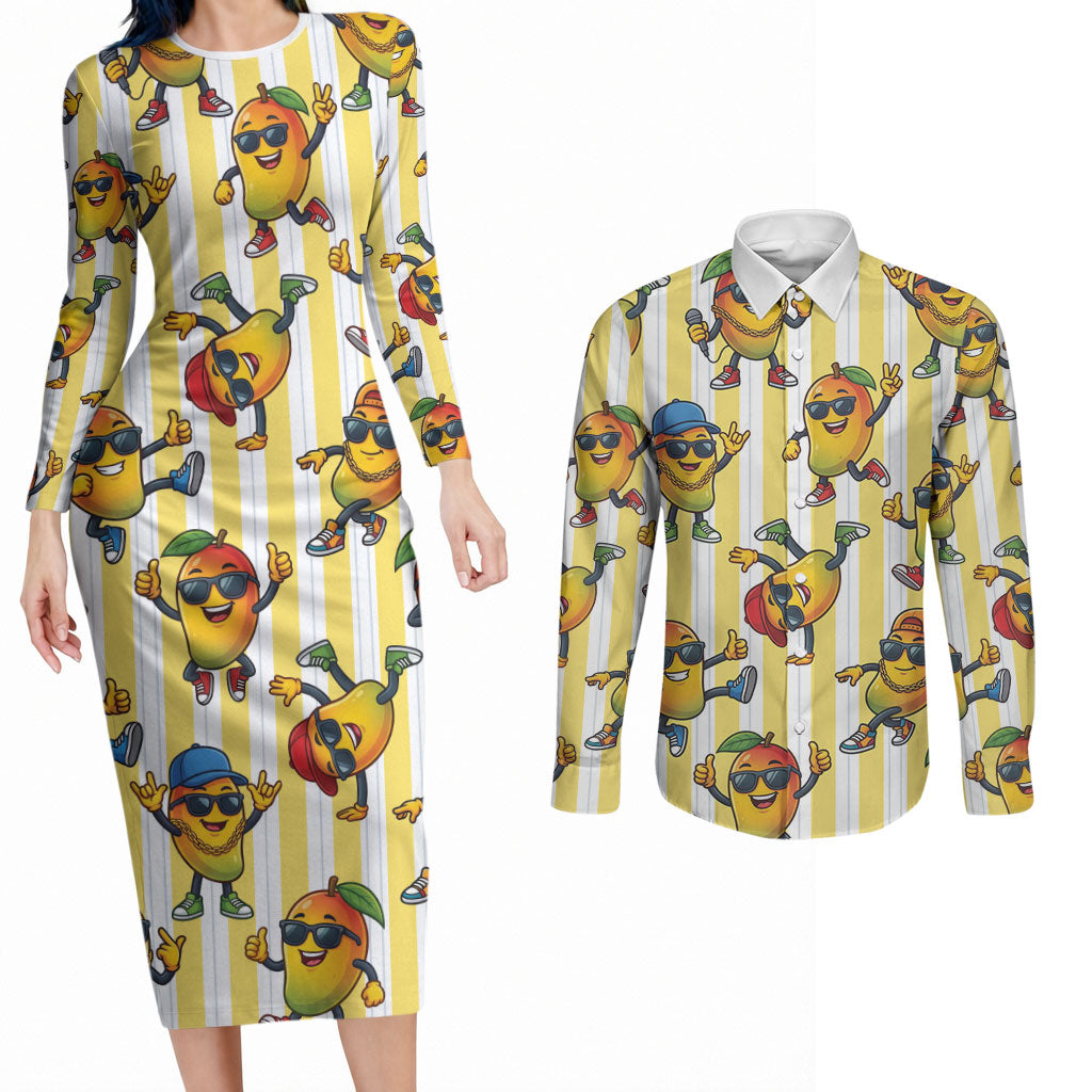 Funny Hawaii Mango Hip Hop Cartoon Couples Matching Long Sleeve Bodycon Dress and Long Sleeve Button Shirt Summer Beach Party