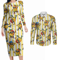 Funny Hawaii Mango Hip Hop Cartoon Couples Matching Long Sleeve Bodycon Dress and Long Sleeve Button Shirt Summer Beach Party