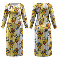 Funny Hawaii Mango Hip Hop Cartoon Couples Matching Long Sleeve Bodycon Dress and Long Sleeve Button Shirt Summer Beach Party