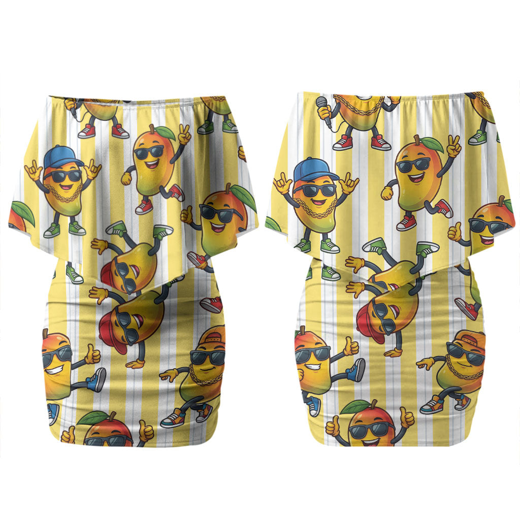 Funny Hawaii Mango Hip Hop Cartoon Couples Matching Off Shoulder Short Dress and Hawaiian Shirt Summer Beach Party
