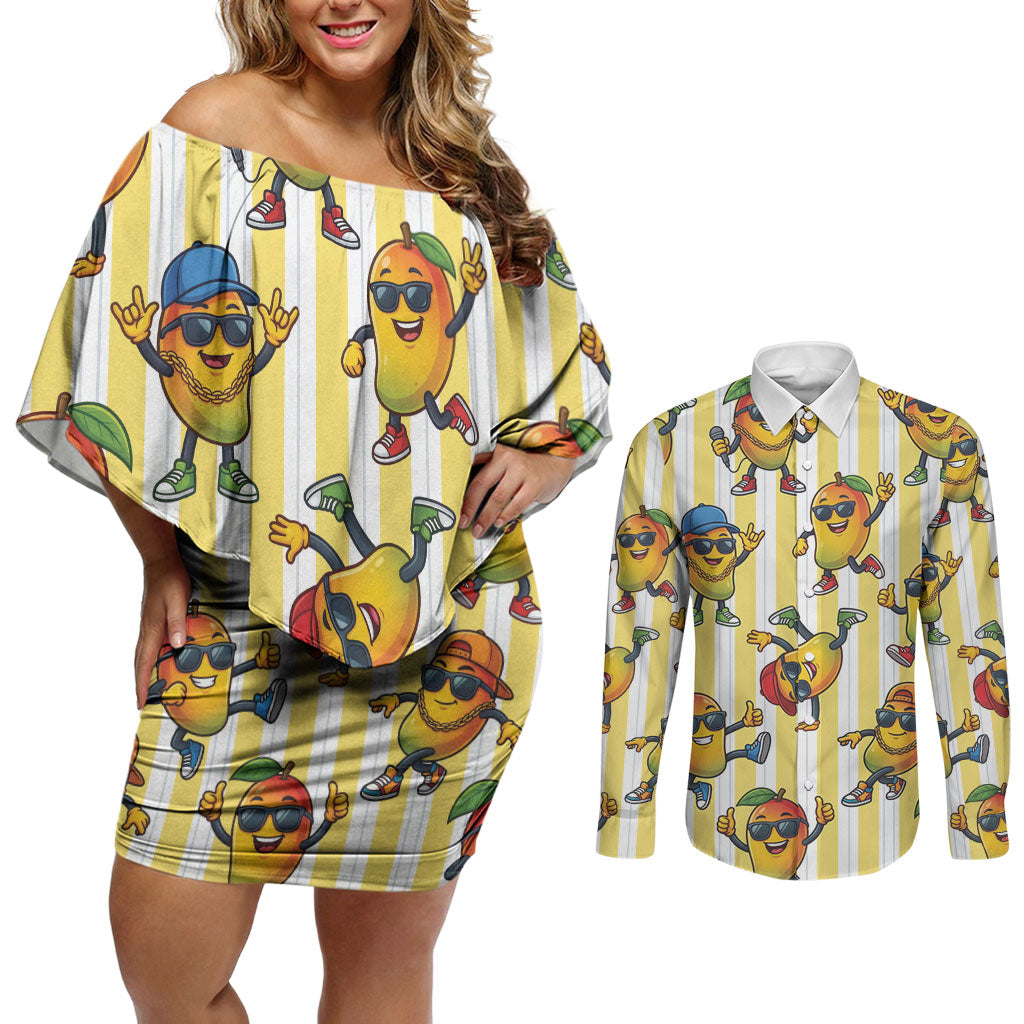 Funny Hawaii Mango Hip Hop Cartoon Couples Matching Off Shoulder Short Dress and Long Sleeve Button Shirt Summer Beach Party