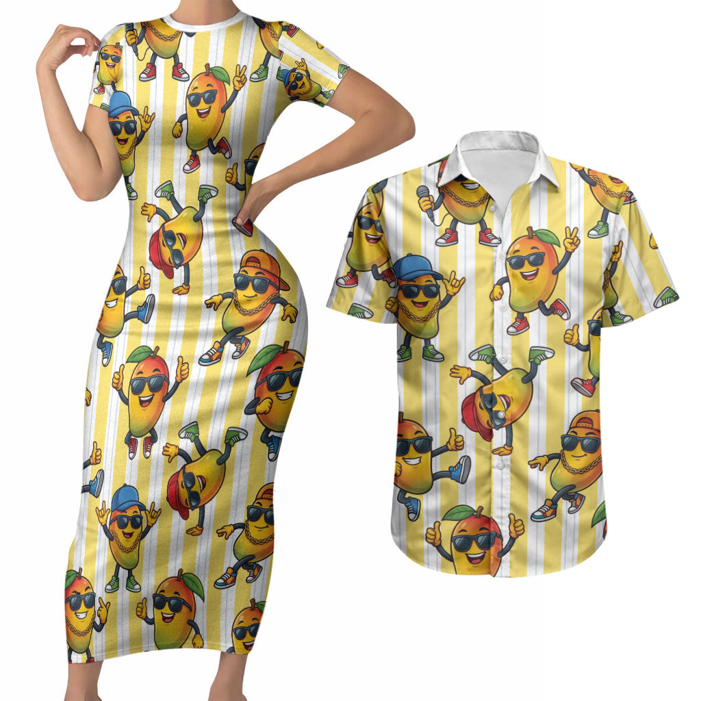 Funny Hawaii Mango Hip Hop Cartoon Couples Matching Short Sleeve Bodycon Dress and Hawaiian Shirt Summer Beach Party LT19 Yellow - Polynesian Pride