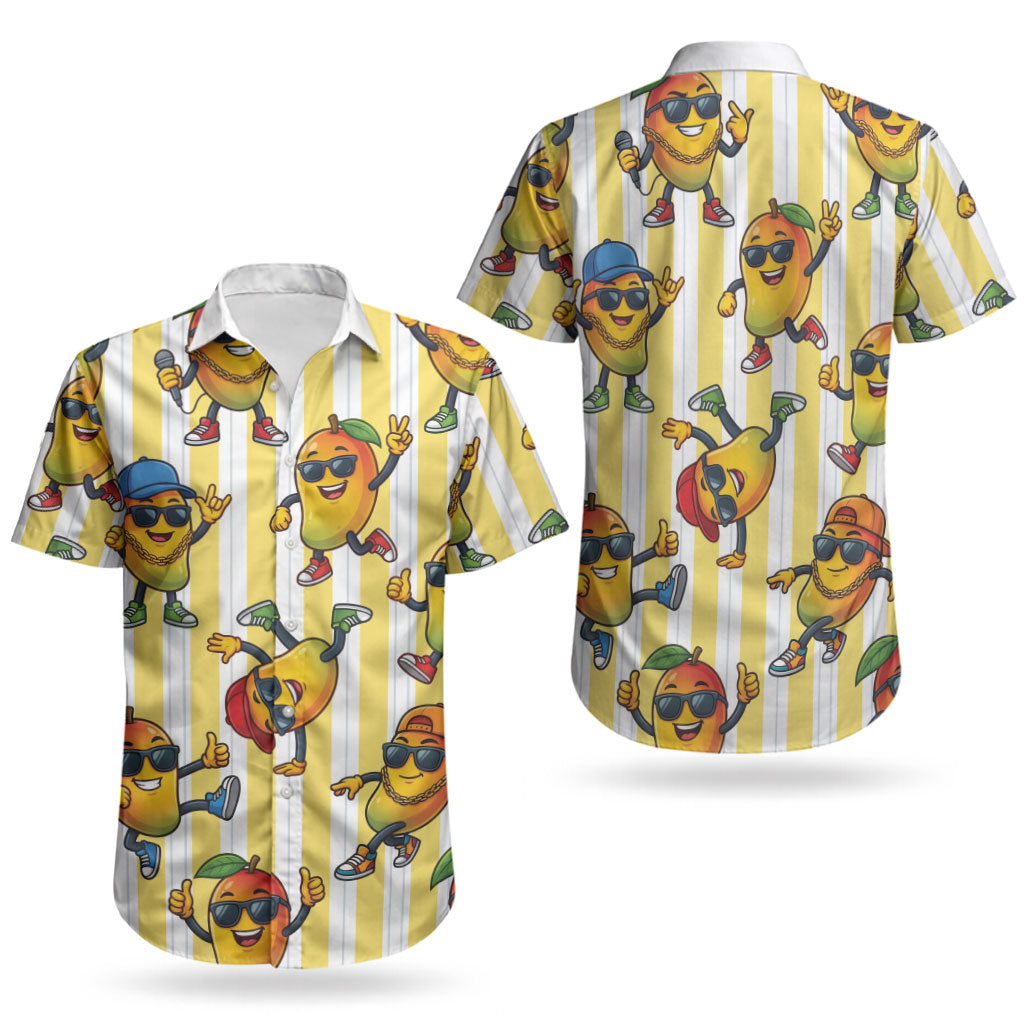 Funny Hawaii Mango Hip Hop Cartoon Couples Matching Short Sleeve Bodycon Dress and Hawaiian Shirt Summer Beach Party