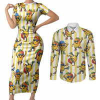 Funny Hawaii Mango Hip Hop Cartoon Couples Matching Short Sleeve Bodycon Dress and Long Sleeve Button Shirt Summer Beach Party