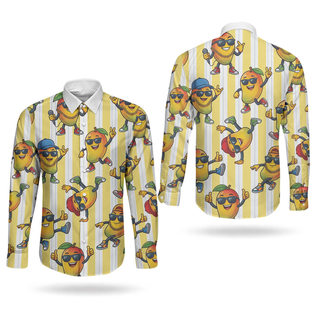 Funny Hawaii Mango Hip Hop Cartoon Couples Matching Short Sleeve Bodycon Dress and Long Sleeve Button Shirt Summer Beach Party