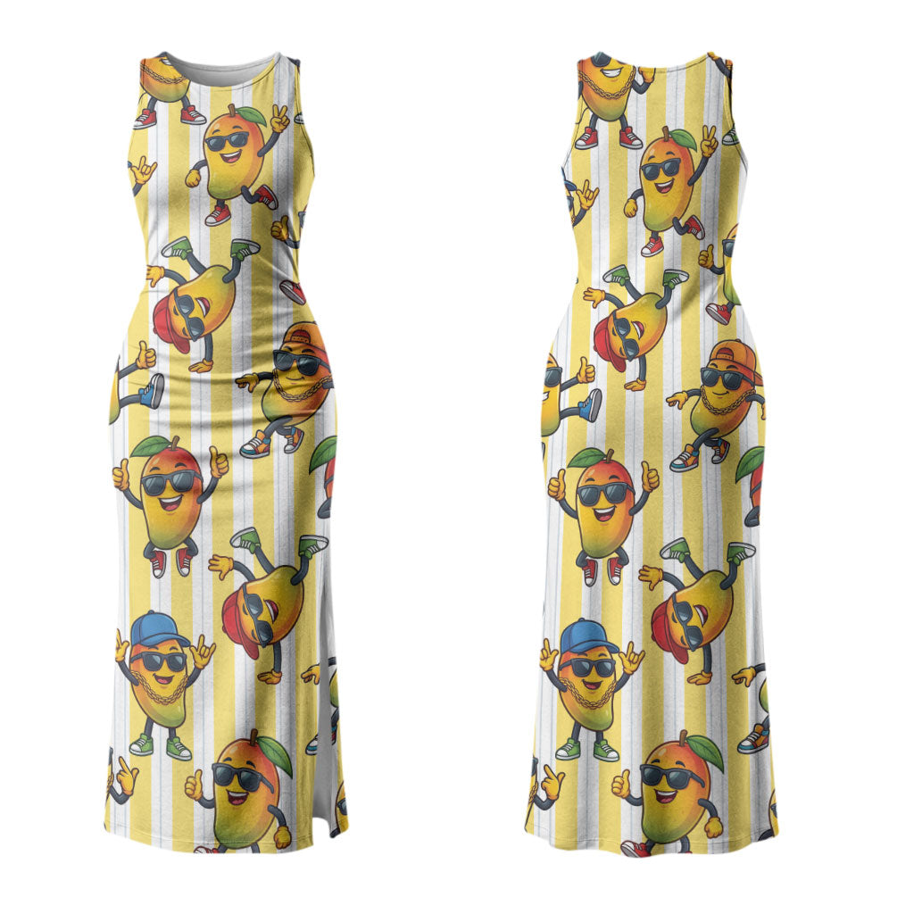 Funny Hawaii Mango Hip Hop Cartoon Couples Matching Tank Maxi Dress and Long Sleeve Button Shirt Summer Beach Party